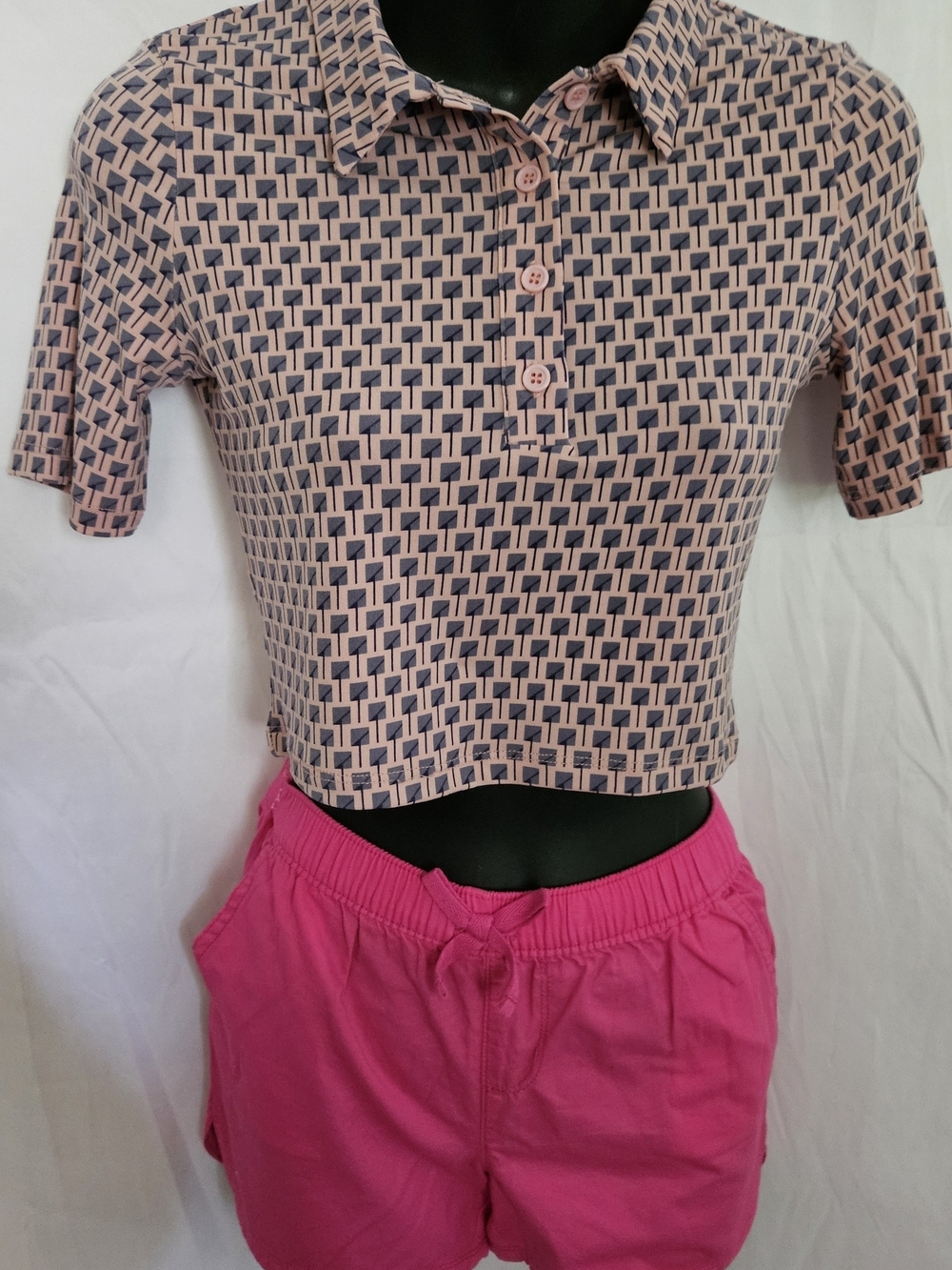Olivaceous Pink and Navy Geometric Crop Polo Top